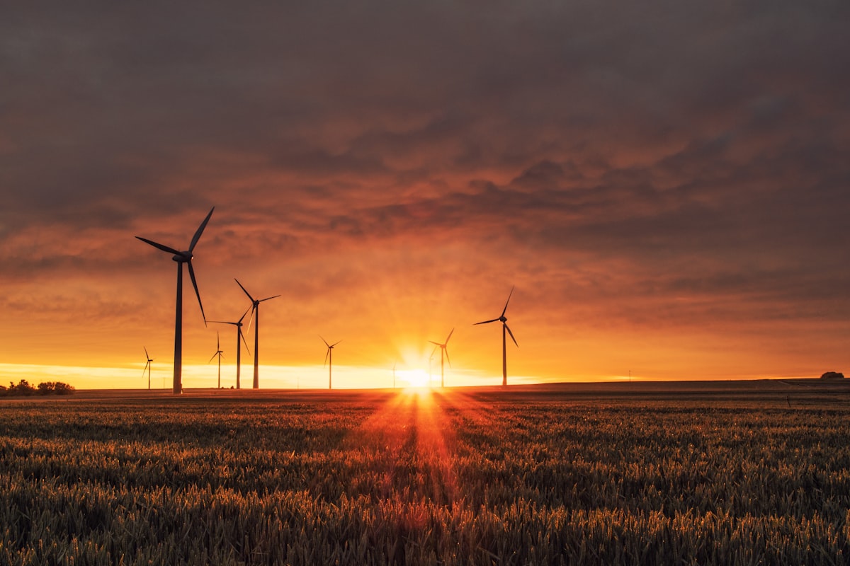 Wind turbines installed on a mountain range in northern Spain at sunrise